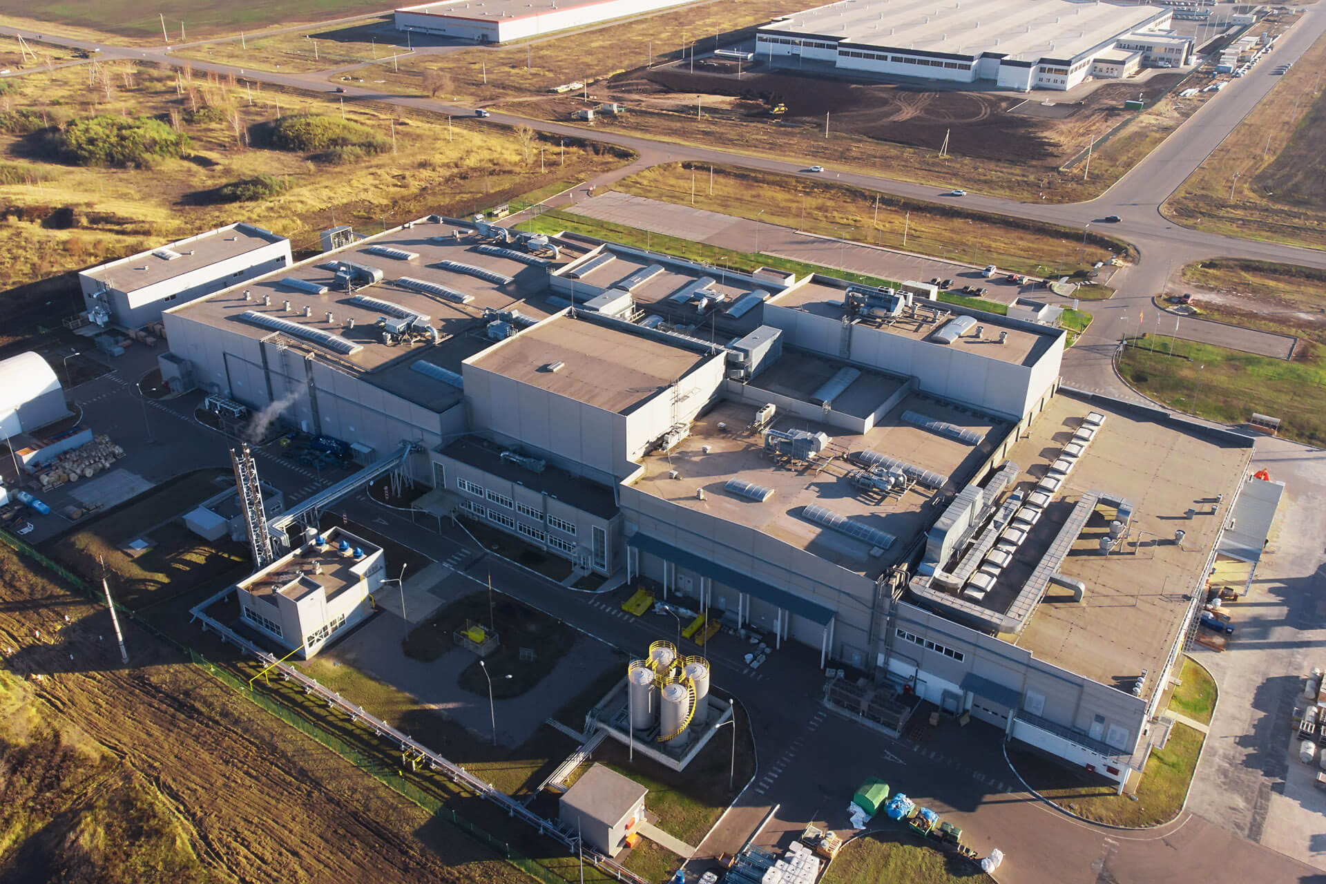 An aerial view of a commercial building
